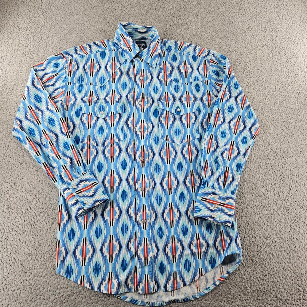 Vintage Wrangler Western Shirt Mens Small Blue Aztec Geometric Pearl Snap 90s